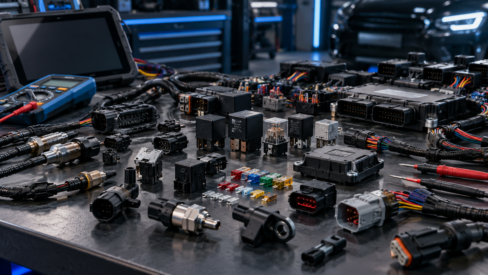 Automotive electrical components sensors connectors and wiring on technical workbench